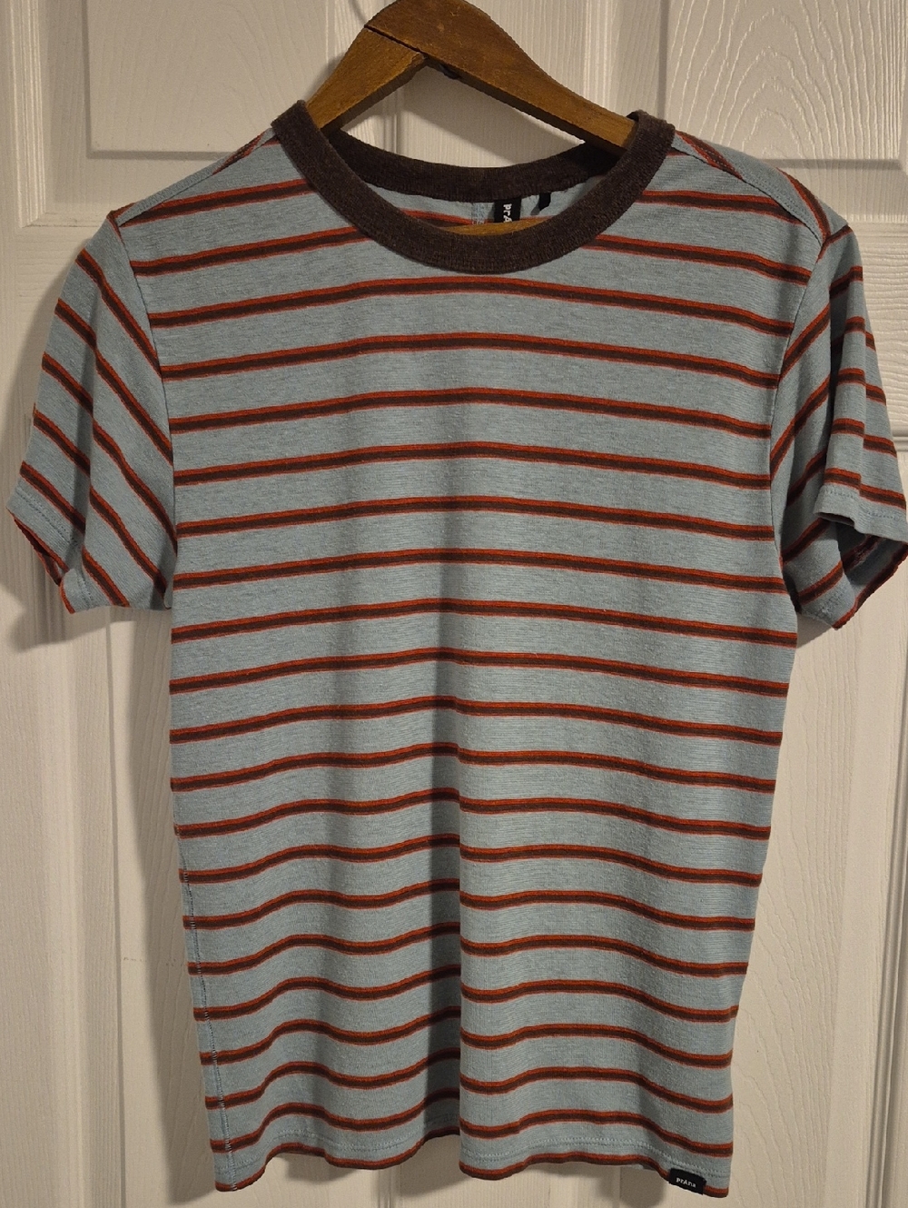 Prana Light Blue Striped Short-Sleeve Tee with Rust Stripes